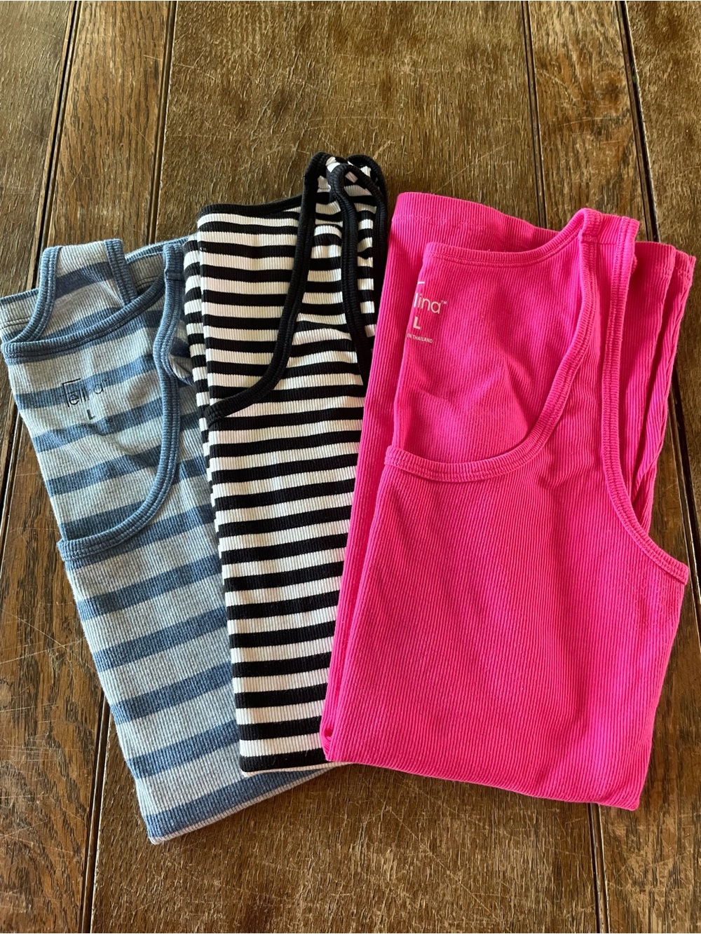 3-Pack Ribbed Tank Tops - Pink, Black & White Stripe, Blue Stripe (Women’s L)